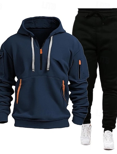  Voor heren Sweatshirt Trainingspak sweatsuit Zwart Marineblauw Khaki Grijs Capuchon Effen Trekkoord 2-stuks Sport & Outdoor Dagelijks Feestdagen Streetwear Basic Casual Lente & Herfst Kleding Hoodies