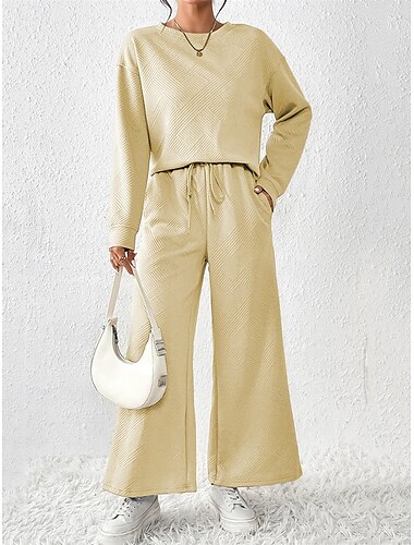  Damen Modisch Strassenmode Täglich Pullover Jogginghose Trainingshose Langarm Rundhalsausschnitt Glatt Kordelzug Casual Täglich Schwarz Weiß Beige Herbst Regular Fit