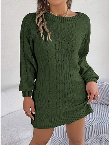  Damen Pullover Kleid Brautkleider schlicht Weich Feste Farbe Gerippt Rundhalsausschnitt Strick Langarm Lange Oberteile Stricken Outdoor Täglich Wochenende Armeegrün Khaki Herbst Winter
