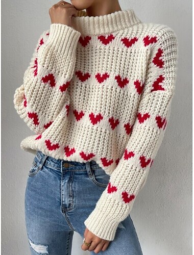  Mujer Pulóveres Suéter de punto Casual Suave Corazón Estriado Cuello Alto De Punto Manga Larga Tops regulares Tejer Exterior Diario Fin de semana Beige Otoño Invierno