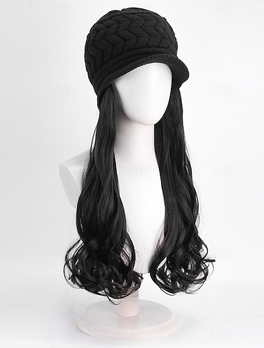  hatt peruk mössa hatt med hår långt vågigt förlängning stickad pom pom mössa för kvinnor vintersvart