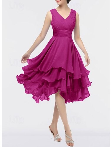  Strandhochzeit A-Linie Hochzeitsgast Kleider Partykleid Heimkehrkleid Asymmetrisch Ärmellos V-Ausschnitt Chiffon mit gerafftem Schichtenkleid um Eindruck zu machen Derbykleider 2025