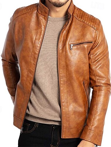  Voor heren Jas van imitatieleer Overgangsjack Bikerjack Vintage leren jas Vakantie Dagelijks Winddicht Houd Warm Zak Herfst winter Effen Modieus Klassiek Opstaand Normaal Imitatieleer Zwart blauw