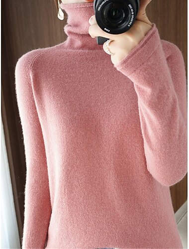  Dame Genser Pullover genser Fritid Myk Ren farge Riflet Rullekrage Strikket Langermet Vanlige topper Strikke utendørs Daglig Helg Rosa Kamel Høst Vinter