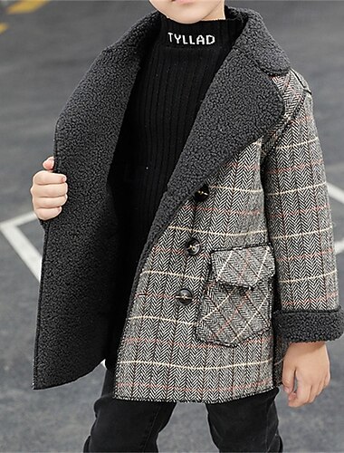  Niños Chico Abrigo de lana Ropa de calle Plaid Manga Larga Retazos Abrigo Fiesta Moda Diario Marrón Gris Otoño Invierno 7-13 años