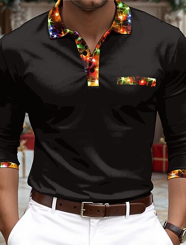  Kerstmis Voor heren Sprankelend Kerstverlichting Poloshirts Golf Polo's Shirts Lange mouw Poloshirt Kraag Casual Vakantie Feestavondkleding Dagelijks gebruik Oudejaarsavond 3D-afdrukken Knop Zwart