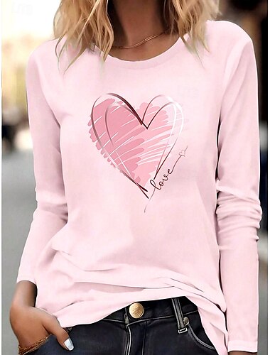  Valentijn Vrouwen Hart T Shirt Casual Hart Reguliere Tops Lange Mouw Crew Hals Print Regulair Fit Dagelijks Roze Lente Herfst