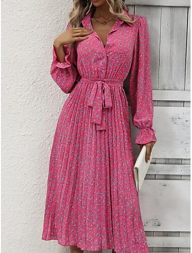  Damen Blumen V-Ausschnitt Midikleid Langarm Frühling Herbst