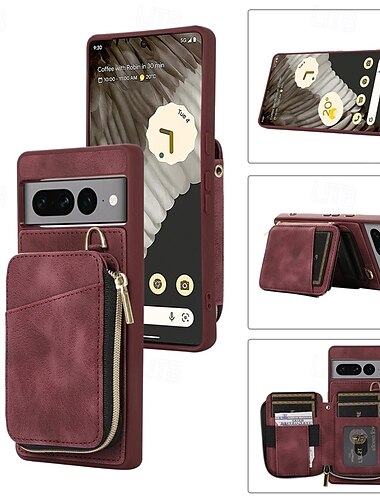 Handy Hülle Handyhüllen Für Pixel 7 Pro Pixel 6 Pro Rückseite mit Halterung Reisverschluss mit Lanyard Retro TPU PU-Leder