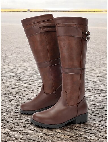  botas de montaria femininas marrons até o joelho com detalhe de fivela - calçados duráveis para atividades ao ar livre no outono e inverno