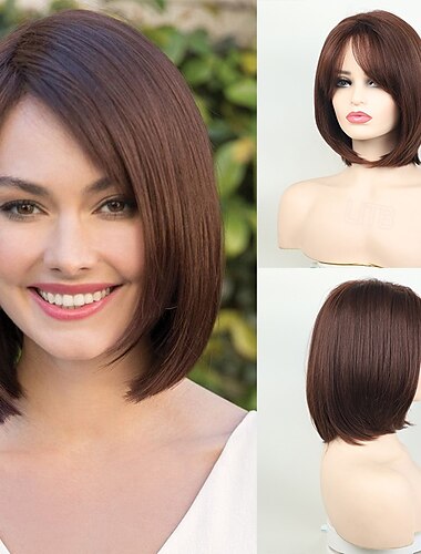  肩までの長さのダークブラウンのストレートボブウィッグ、合成ミディアムレングスのボブヘアウィッグ、女性用ハロウィンコスチュームウィッグ
