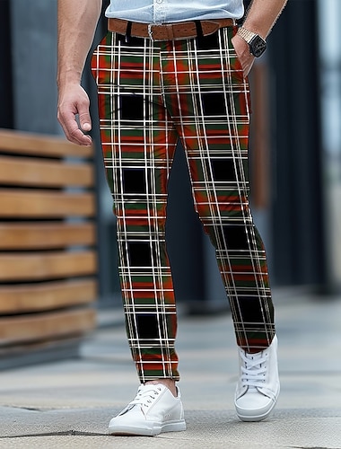  jul herre julescene trykt bukser rutete business fritidskjole glidelåslomme midt midje formell hverdagsklær sommer vår høst 3d-utskrift slim fit uelastisk