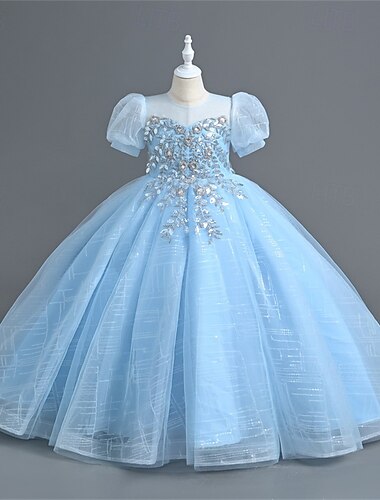  Kids Girls' Flower Girl Dress Party Dress Solid Color Sequin Short Sleeve Performance Wedding Party Mesh Patchwork Elegant Sweet Polyester Maxi Party Dress Swing Dress Tulle Dress Spring Fall Winter