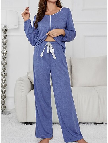  pigiama da donna colore puro casual comfort casa comfort quotidiano caldo scollo a V manica lunga maglietta pantaloni elastico in vita autunno inverno abiti da casa