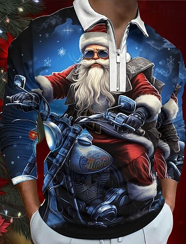 рождественский мужской Санта-Клаус 3D молния поло Санта-Клаус абстрактный молния гольф длинный рукав открытый повседневный уличная одежда осень&зимний 3d принт отложной воротник молния   рождественский мужской Санта-Клаус 3D молния поло Санта-Клаус абстрактный молния гольф длинный рукав открытый повседневный уличная одежда осень&зимний 3d принт отложной воротник молния