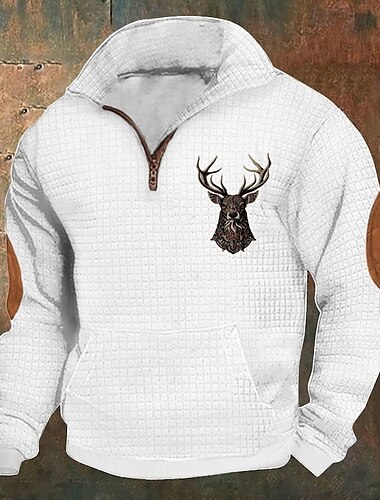  Herren-Sweatshirt mit Waffelmuster und Hirschmotiv, Viertelreißverschluss, langärmelig, schwarz-weiß, Stehkragen, Rentier-Print, Winterpullover, Alltags-/Urlaubskleidung, Polyester, Streetwear, lässige Frühlings- und Herbstkleidung