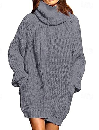  Damen Pullover Kleid Brautkleider schlicht Feste Farbe Rollkragen Strick Langarm Normale Oberteile Stricken Täglich Wochenende Schwarz Rote Herbst Winter