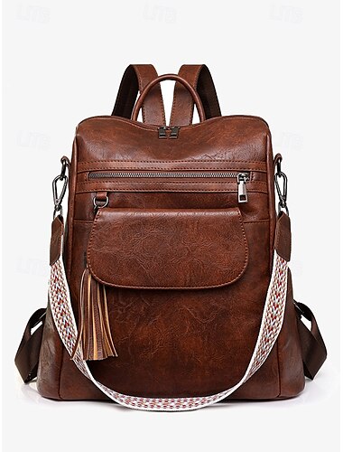  sac à dos vintage en similicuir pour femme avec pompon et bandoulière géométrique réglable – sac de voyage décontracté à poches multiples