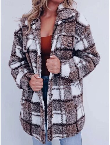  Damen Fleecejacke Teddy-Mantel warm halten Atmungsaktiv Tasche Innenfutter aus Fleece Brautkleider schlicht Plaid Urlaub Strasse Freizeitskleidung Ausgehen Einreihiger Verschluss Lang Umlegekragen