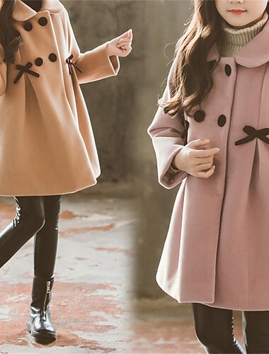  Kinderen Voor meisjes Wollen jas Lange mouw Blozend Roze Khaki Effen Kleur nappi Herfst Winter Modieus School 3-7 jaar