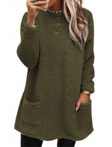  felpa da donna casual sherpa tinta unita abbigliamento quotidiano girocollo tasca manica lunga marrone verde grigio autunno inverno
