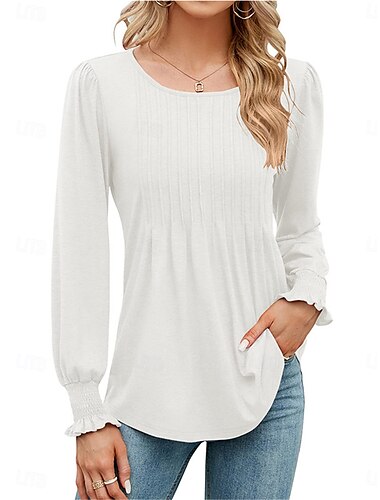  Dames Overhemd Blouse Effen Kleur Basic Casual Lange mouw Strakke ronde hals Normale tops Dagelijks Zwart Wit Blozend Roze Groen Herfst Winter