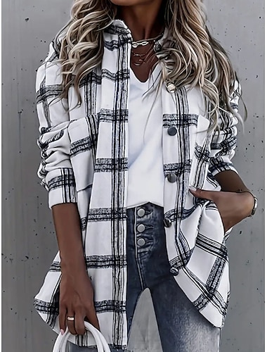  Damen Freizeitjacke Outdoor Strasse Freizeitskleidung Herbst Winter Standard Mantel Regular Fit warm Atmungsaktiv Stilvoll Brautkleider schlicht Jacken Langarm Streifen und Plaid Mit Taschen Bedruckt