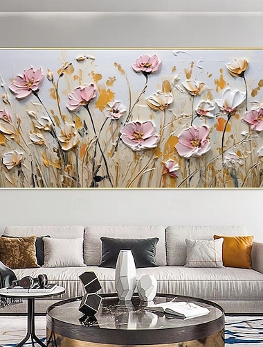  Pintura al óleo pintada a mano, pintura floral 3d, pintura al óleo hecha a mano con espátula, flores, arte de pared, pintura texturizada blanca 3d grande, pinturas decorativas modernas, impresionismo,
