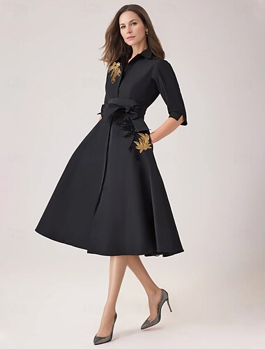  Robe Cocktail A-Line Noire Brodée Élégante Robe Formelle Longueur Genou Manches Mi-Longues Col Chemise Ceinture  Sangle Taffetas avec Fente Derby Robes 2025
