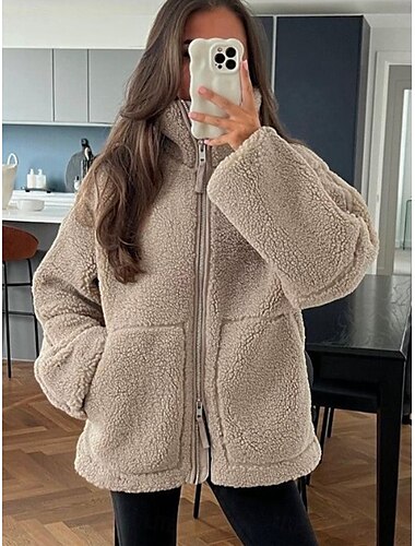  Damen Fleecejacke warm halten Atmungsaktiv Patchwork Zip Tasche Brautkleider schlicht Glatt Urlaub Strasse Freizeitskleidung Ausgehen Reisverschluss Standard Umlegekragen Regular Fit Langarm