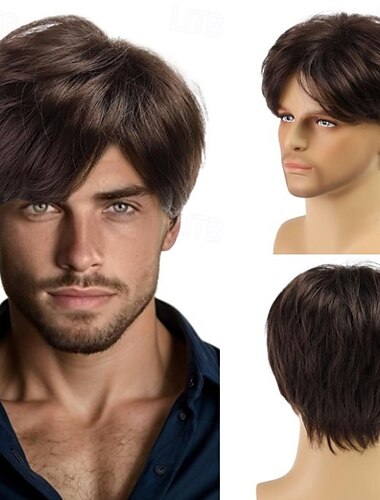  Mens Short Wig Curly With Bangs Wig Short Brown Grey Blonde Synthetic Hair Women's Blonde Brown Gray