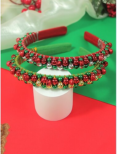  Festliches rotes Weihnachtsstirnband für Damen mit roten, grünen und silbernen Perlen – festliches Haar-Accessoire für Partys und Feiern