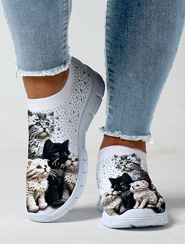  baskets à imprimé chat mignon pour femmes – chaussures à enfiler confortables avec un adorable motif de chaton pour un usage quotidien décontracté
