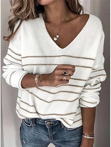  Mujer Pulóveres Suéter de punto Casual Suave A Rayas Estriado Escote en Pico De Punto Manga Larga Tops regulares Tejer Exterior Diario Fin de semana Blanco Caqui Otoño Invierno