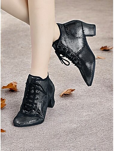  Schwarze Tanzschuhe aus Mesh mit Schnürung für Damen – atmungsaktive Standard- und Latein-Tanzschuhe mit Absatz