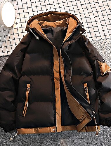  Herren Wintermantel puffer jacket Gefütterte Jacke Hoodie Jacke Tasche Täglich Urlaub Ausgehen Standard Modisch Klassisch Brautkleider schlicht warm halten Herbst Winter Farbblock Schwarz Hellgrün