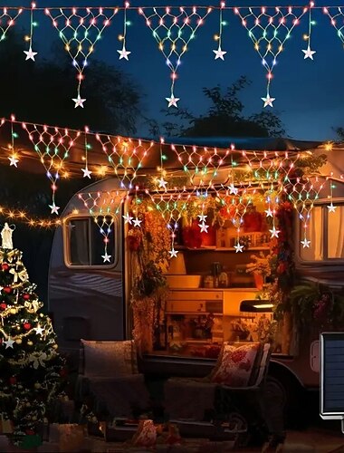  solenergi nettstrenglys med stjerneistapper, 8 lysmoduser juleeventyrlys med fjernkontroll for jul utendørs takskjegg hus hage &amp; julefestdekorasjon