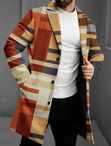  Homens Listrado Casaco de inverno Casaco de lã Casaco Térmica Confortável Negócio Casual Formal Roupa Diária Impressão 3D Botões Bolso frontal Inverno Aberto para a Lateral Manga Longa Marron