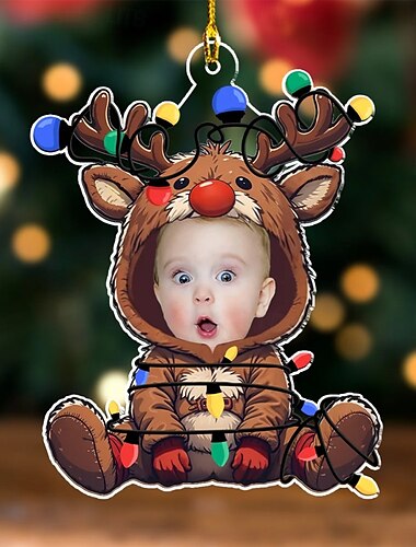  Gepersonaliseerde foto kerstornamenten acryl 2D Aangepaste rendier babygezicht kerstboomornamenten kerstdecoratie Hangende hanger geschenken