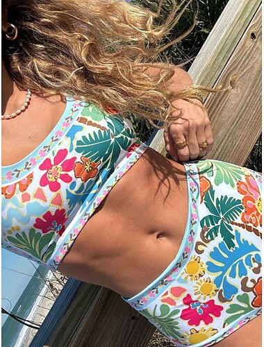  Femme Maillots de Bain Bikinis 2 pièces Slip Brésilien Maillot de bain Dos Nu Mince Vacances Tenues de plage Floral Dos nu Sans Manches Maillots de bain