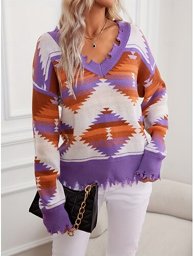  Damen Pullover Vintage Ethnischer Stil Brautkleider schlicht Geometrisch Gerippt V Ausschnitt Strick Langarm Normale Oberteile Stricken Outdoor Täglich Wochenende Königsblau Purpur Herbst Winter
