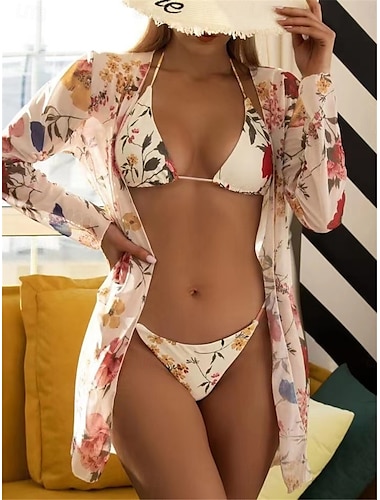  Femme Maillots de Bain Bikinis Trois pièces Maillot Anti UV Slip Brésilien Maillot de bain Dos Nu Mince Vacances Tenues de plage Floral Dos nu manche longue Maillots de bain