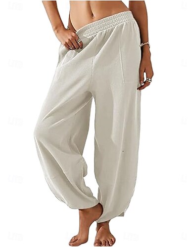  Mulheres chinês Calças Harem Moda Clássico Comprimento total Cintura Alta Tecido Bolsos Cintura elástica Confortável Macio Micro-Elástica Ao ar livre Rua Branco Azul Cáqui Primavera & Outono Normal