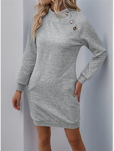  Mujer Vestido sudadera Mini vestido Botón Bolsillo Casual Escote Chino Manga Larga Gris Ligero Color