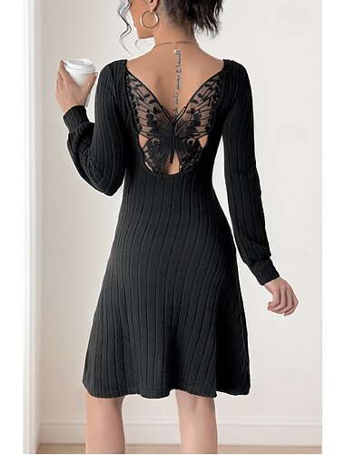  Dames Werk Jurk Zwarte jurk Elegant Dagelijks Mini-jurk Kant Strakke ronde hals Lange mouw Effen Ruim Passend Zwart Lente Herfst S M L XL