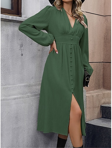  Women's Casual Dress Midi Dress Button Split Casual V Neck Long Sleeve Black Green Apricot Color
