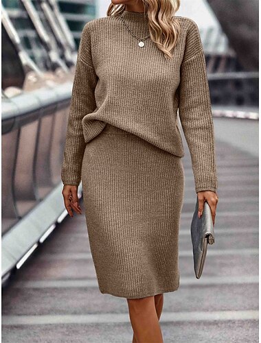  Damen Pullover Kleid Pullover-Koords Pullover-Set Brautkleider schlicht Weich Einfarbig Gerippt Ständer Strick Langarm Normale Oberteile Stricken Outdoor Täglich Wochenende Blau Khaki Herbst Winter