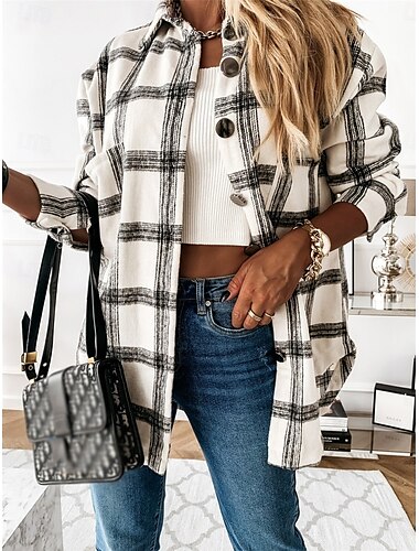  Damen Freizeitjacke Outdoor Strasse Freizeitskleidung Herbst Winter Standard Mantel Regular Fit warm Atmungsaktiv Stilvoll Brautkleider schlicht Jacken Langarm Streifen und Plaid Mit Taschen Bedruckt