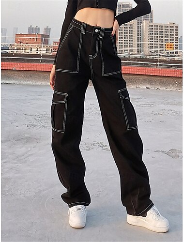  Damen Cargohose Cargohosen Modisch Strassenmode In voller Länge Hoher Taillenbund Glatt Multi Pocket Bequem Weich Komfortabel Mikro-elastisch Outdoor Strasse Schwarz Khaki Grau Frühling & Herbst