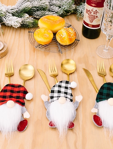  décoration de couverts de gnome de Noël, porte-couverts de gnome à carreaux, ensemble de vaisselle de vieil homme de la forêt décoration de table